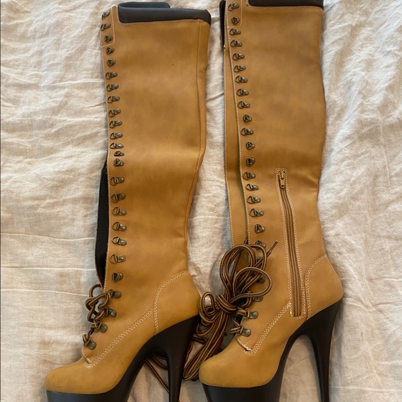 Pleaser Shoes - Pleaser Nubuck Lace Up Platform Thigh High Boots 6" High Heels